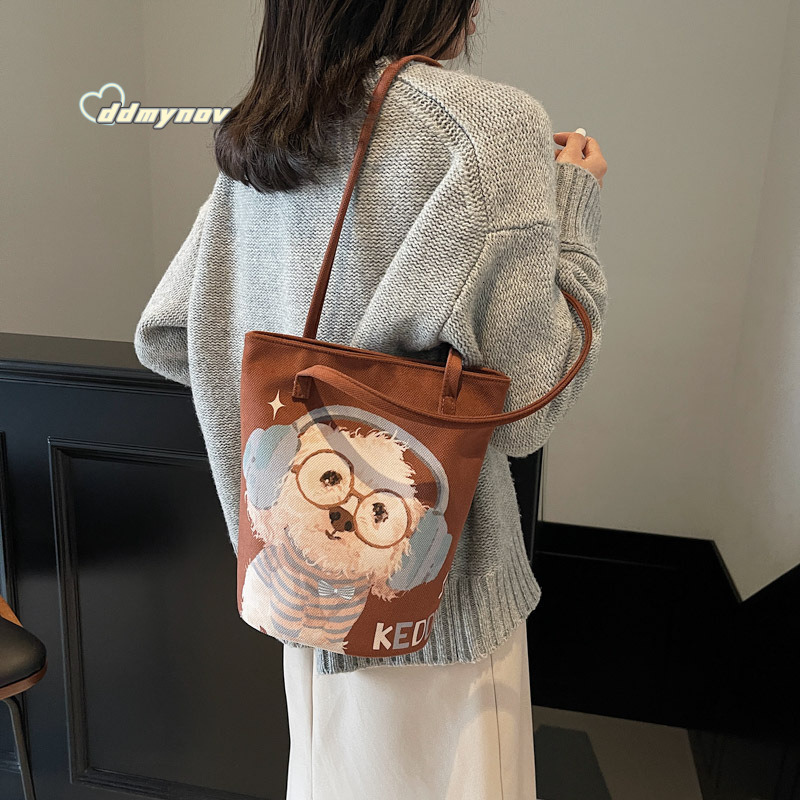 Canvas for Women New Korean Style Graffiti Illustration Shoulder Trendy Cute Lightweight Travel Versatile Fashion Women's Bag ddmynov