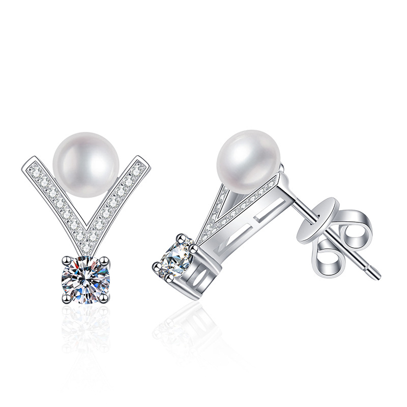 S925 Sterling Silver Earrings, Women's Korean Style V-Shape D-Color 60-Point Moissanite Studs, Freshwater Pearl Earrings, High-End Fashion Earrin