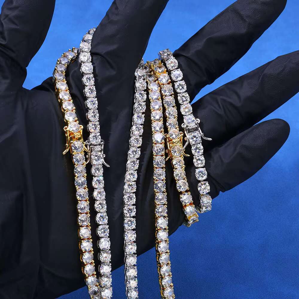 VVS Morsonite S925 Pure Silver Plated Real Platinum 3mm-5mm Single Row Tennis Chain Moissanite Hip Hop Necklaces
