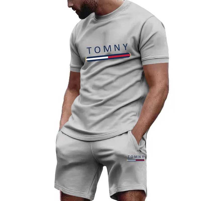 Outdoor Trendy Mens Suit Simple Letter Rose Patchwork Color Round Neck Short Sleeve Shorts Comfortable and breathable material W250613