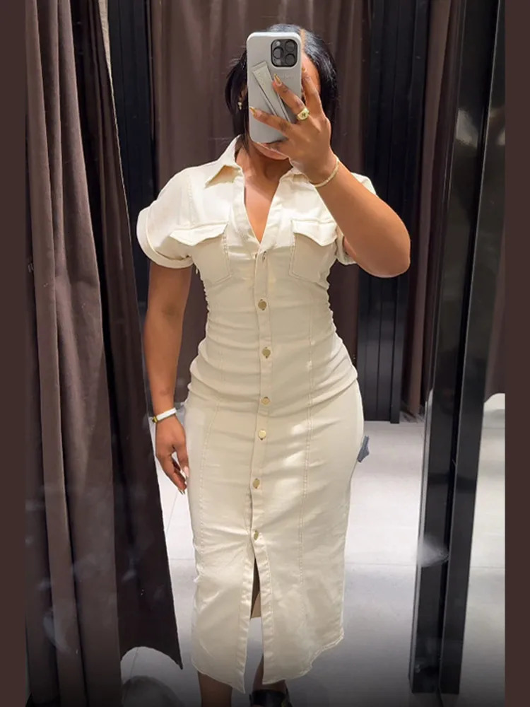 Chic White Lapel Denim Long Dress Women Casual Single Breasted Short Sleeve Slim Maxi Dresses Lady Summer Commute Robes 250612