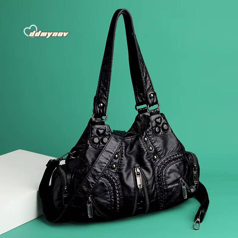 Black Y2k Women Shoulder Vintage Punk Goth Fashion Designer Pu Leather Tote Bag Large Capacity Rivet Motorcycle Handbag ddmynov