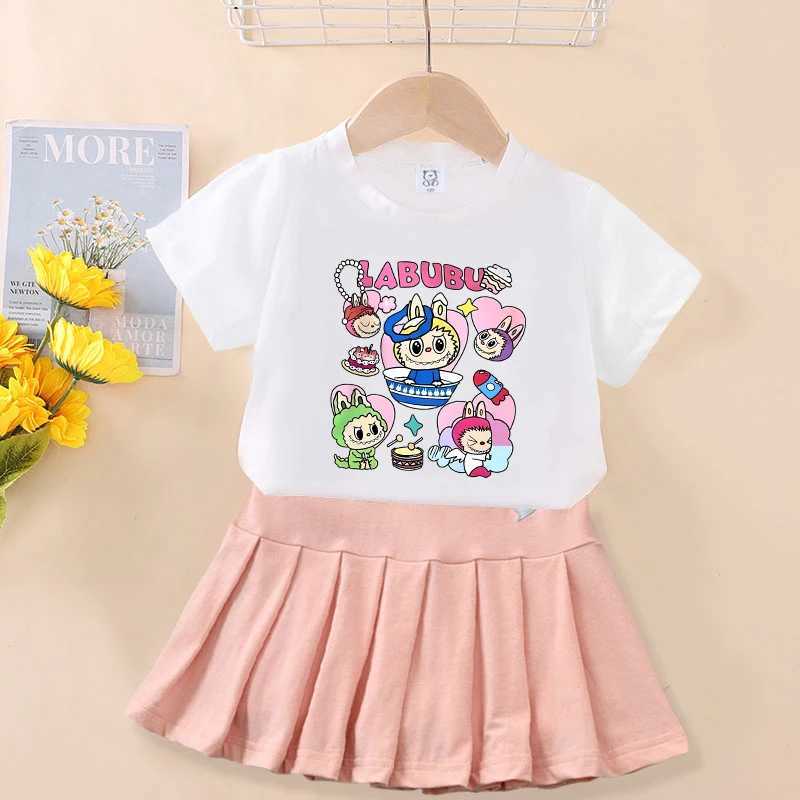 Cute Labubu Girl Skirts Tops 2pcs Kids Clothes Set Kaii Print Baby T Shirt Pleated Skirt Suit Toddler Tee Short Dress Outfit Z250613