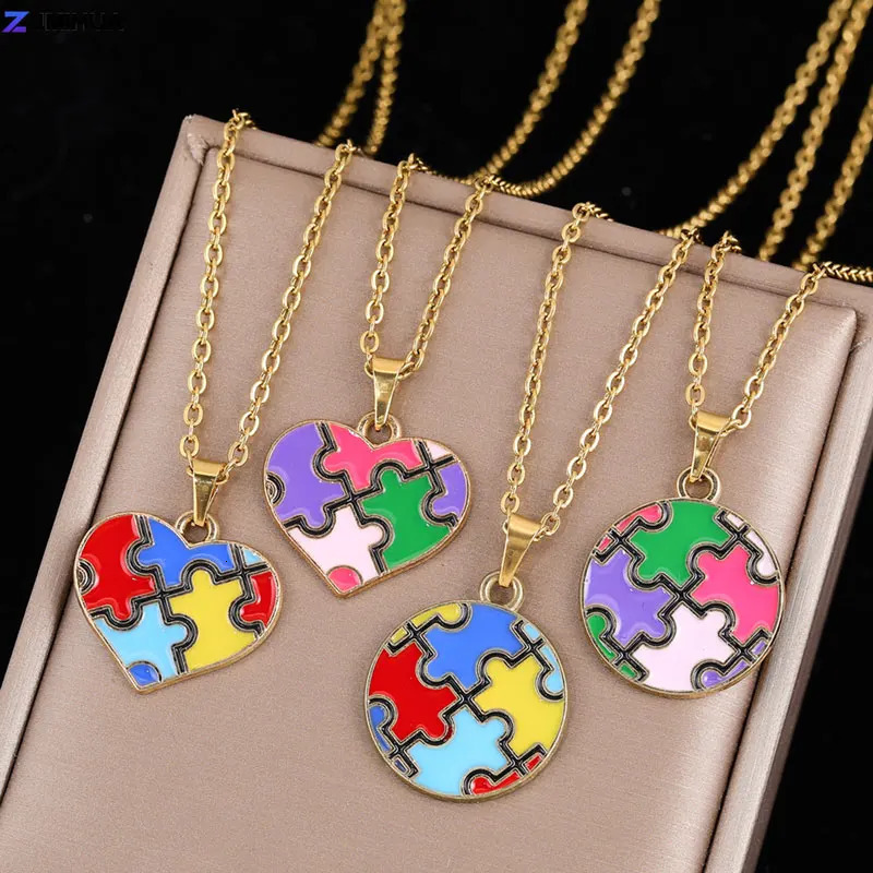 50cm Stainless Steel Chain Necklace Autism Awareness Puzzle Pendant Necklaces For Women Gilrs Fashion Jewelry 250610