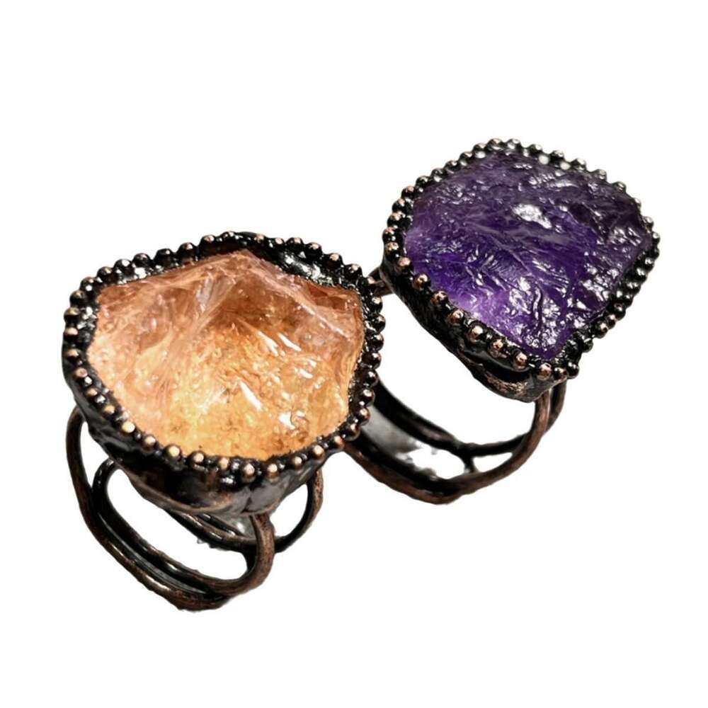 Natural Amethyst Yellow Crystal Rough Irregular Open Adjustable Personality Ring