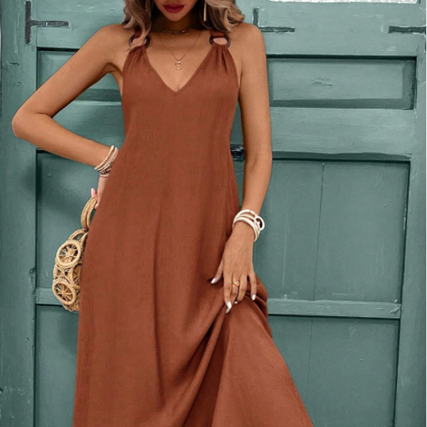 Basic casual dress; V-neck with shoulder straps long dress; women's summer bohemian sleeveless dress for beach travel party wear