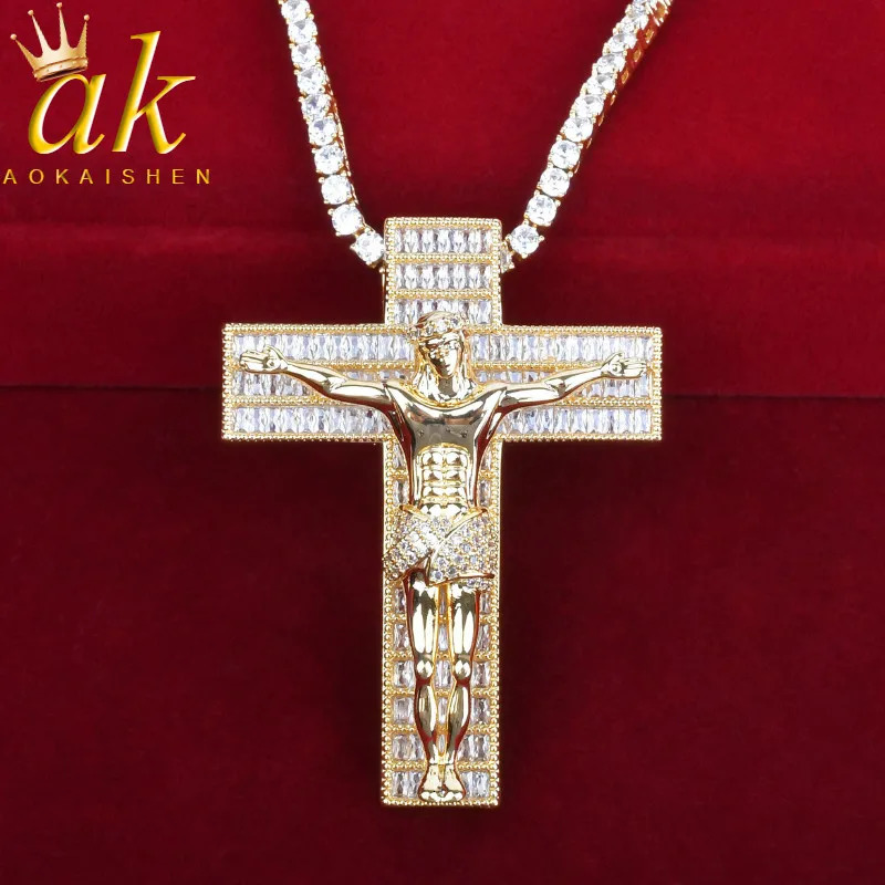 Baguette Cross Pendant for Male with Jesus Necklace AA Cubic Zirconia Hip Hop Rock Jewelry 250609