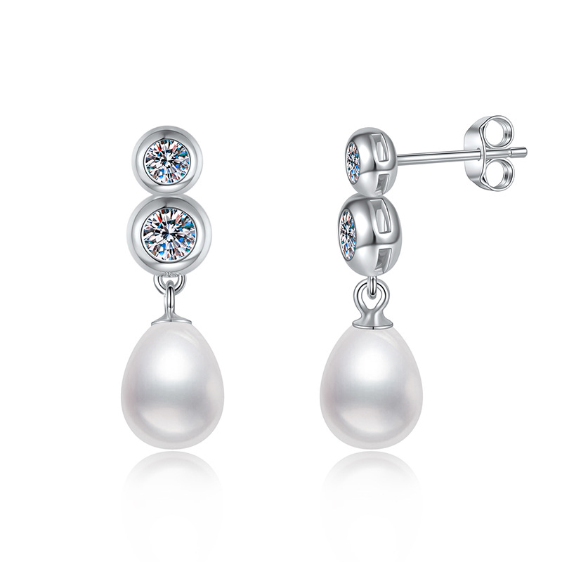 Cross-Border Moissanite Stud Earrings, S925 Sterling Silver Earrings, Women's Freshwater Pearl Studs, French Style Versatile Fashion Earrings