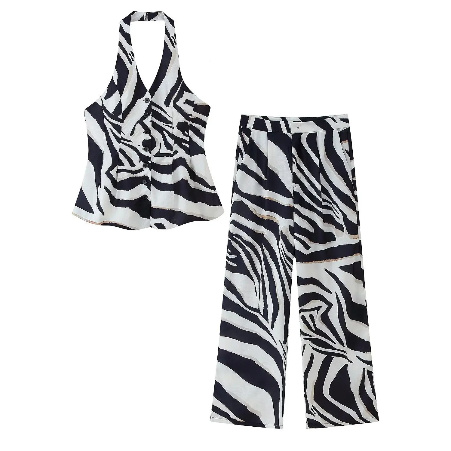 Zebra Print Linen Blend Vest Wide Leg Pants Set Womens Casual Loungewear Summer Outfit Comfortable Loose Fit 2 Piece Outfit 250606