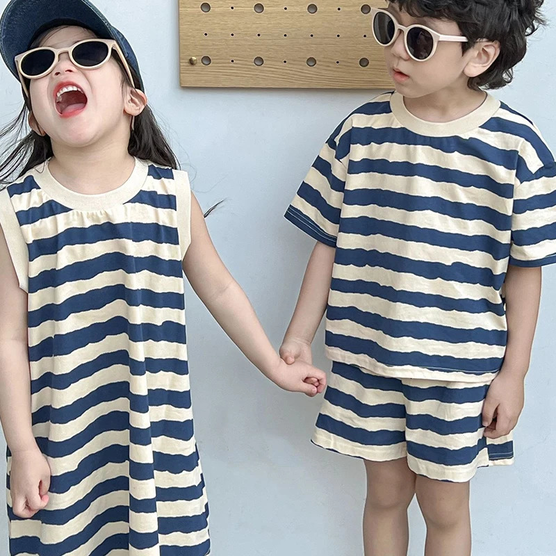 1pcs Summer Chldren Boy Stripe Short Sleeve TopsShorts Set Girl Sleeveless Vest Skirt Kids Toddler Fashion Leisure Clothes Set 250613