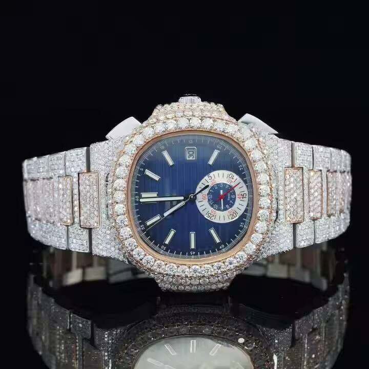 Two-Tone Iced Moissanite Business Watch With Blue Dial Automatic Date Function Stainless Steel For Men Women