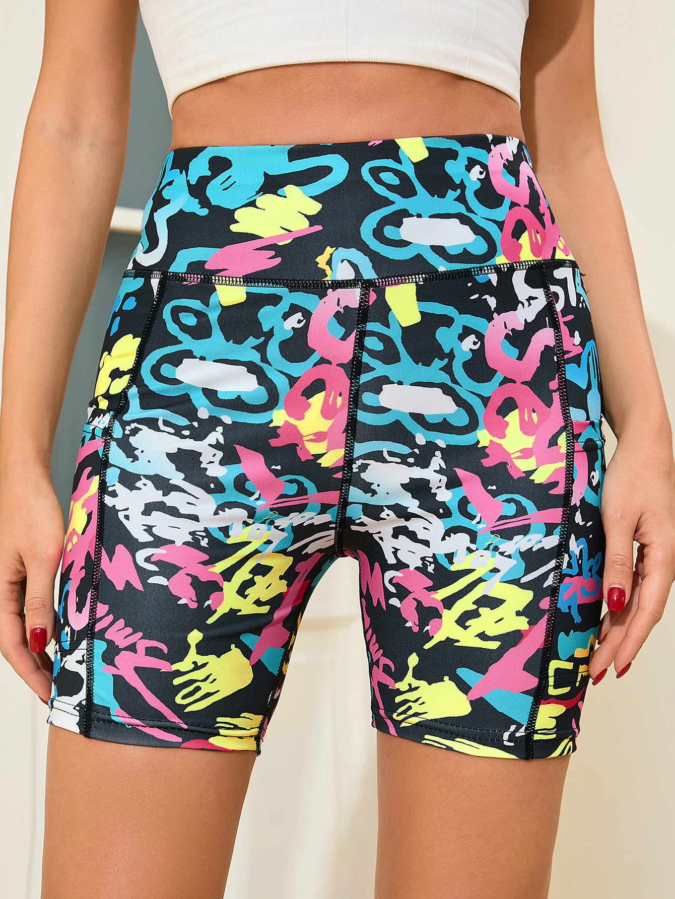 Hip-Lifted Short Tights Featuring Trendy Graffiti Prints Comfortable Active Wear by Amazon