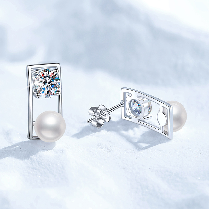 S925 Sterling Silver Stud Earrings, Women's Affordable Luxury French Geometric Moissanite Earrings, D-Color 1-Carat Studs, High-End European and 
