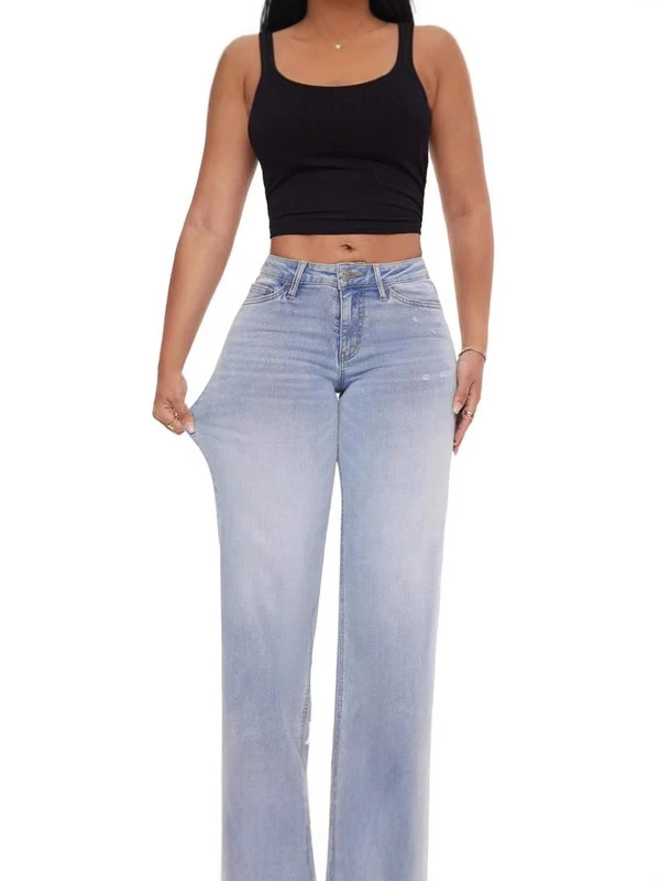 Women's Jeans 2025 Style Light Blue High-Waisted Straight-Leg Fashionable Micro-Stretch Denim Trousers Comfortable
