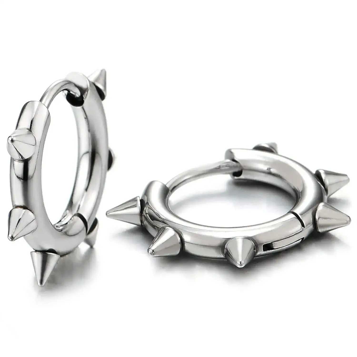 WKOUD 1 Pair Stainless Steel Spike Circle Huggie Hinged Hoop Earrings Men Women Gothic Rock Hiphop Triangle Cone Hoop Earrings V250629
