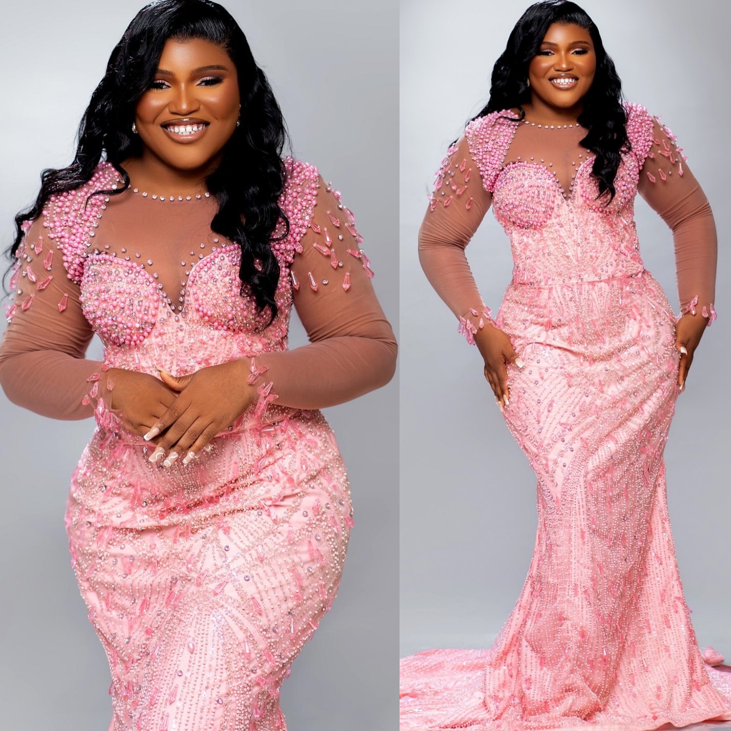 Pink Mermaid Prom Dresses 2025 Pearls Crystals Sequined Full Sleeves Evening Formal Party Second Birthday Engagement Gowns Plus Size Dress For Special