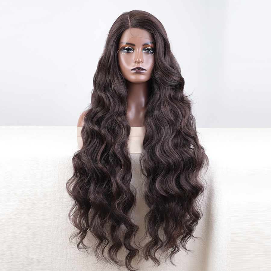 Recebba Fashion Synthetic Long 36 Inch Cosplay Body Wavy Side Part For Women Lace Front Ombre Blonde Wig