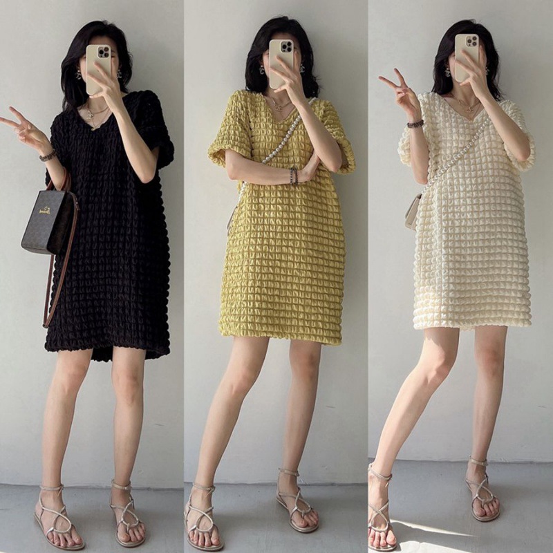 L1806 Dress Women's Bubble Waffle V-neck Short Sleeve Women's Niche Design Medium-length Slimming Large Size Dress