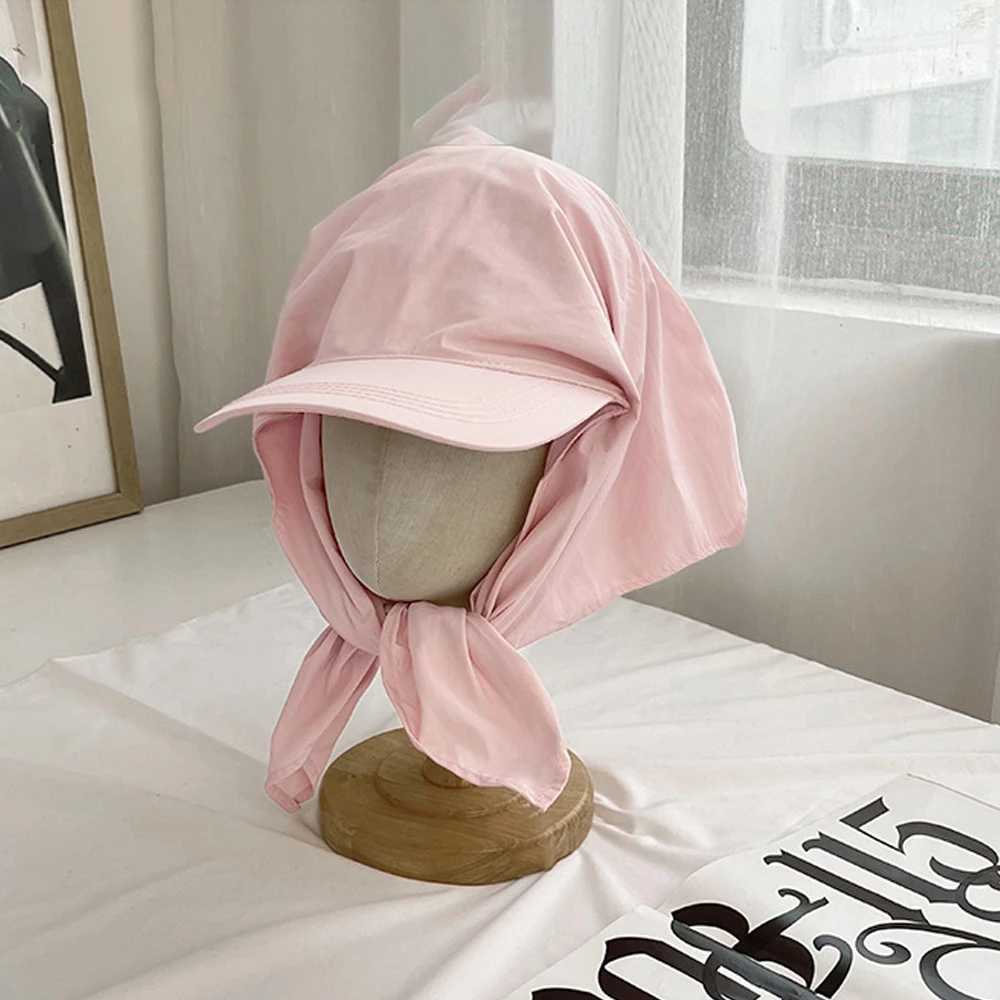 Summer Quick Drying Headscarf Hat Korean Women Outdoor Sun Protection Visors Y2K Girl Turban Headwear Large Brim Duckbill Cap U250613