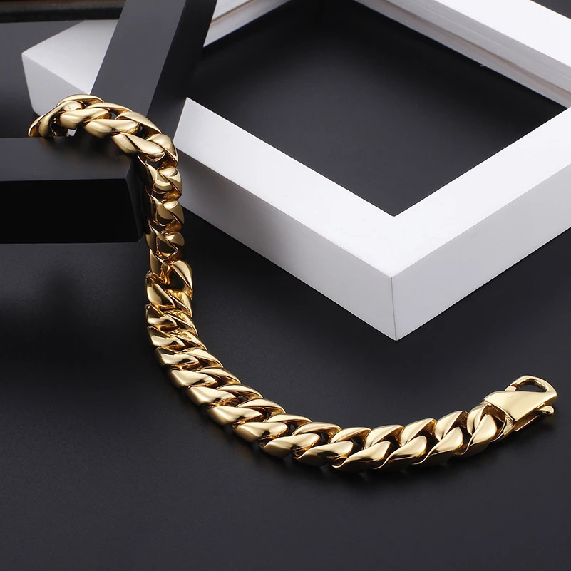Gold Color Stainless Steel Miami Cuban Curb Link Chain Bracelet for Men Classic Friends Mens Bracelets Jewelry Accessories 250603