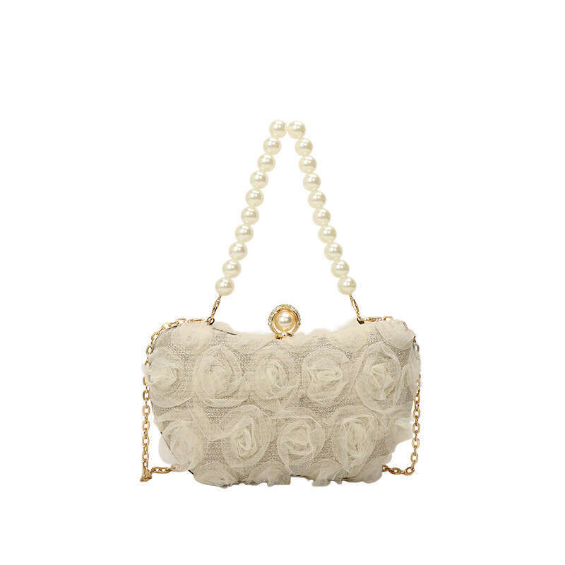 Sweet Chiffon Floral Evening Handbag Box for Women 2025 New Pearl New Chain Lock Single Shoulder Crossbody Bag