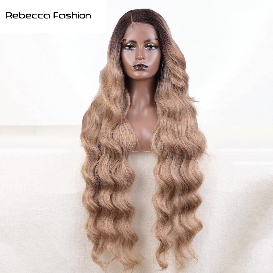 Recebba Fashion Synthetic Long 36 Inch Cosplay Body Wavy Side Part For Women Lace Front Ombre Blonde Wig