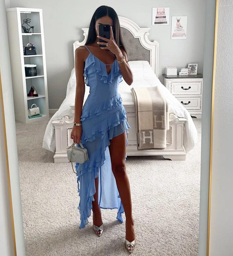 Elegant V-Neck Ruffle Dress: Solid Color Sleeveless Split Dress for Beach Holiday Ladies C260312