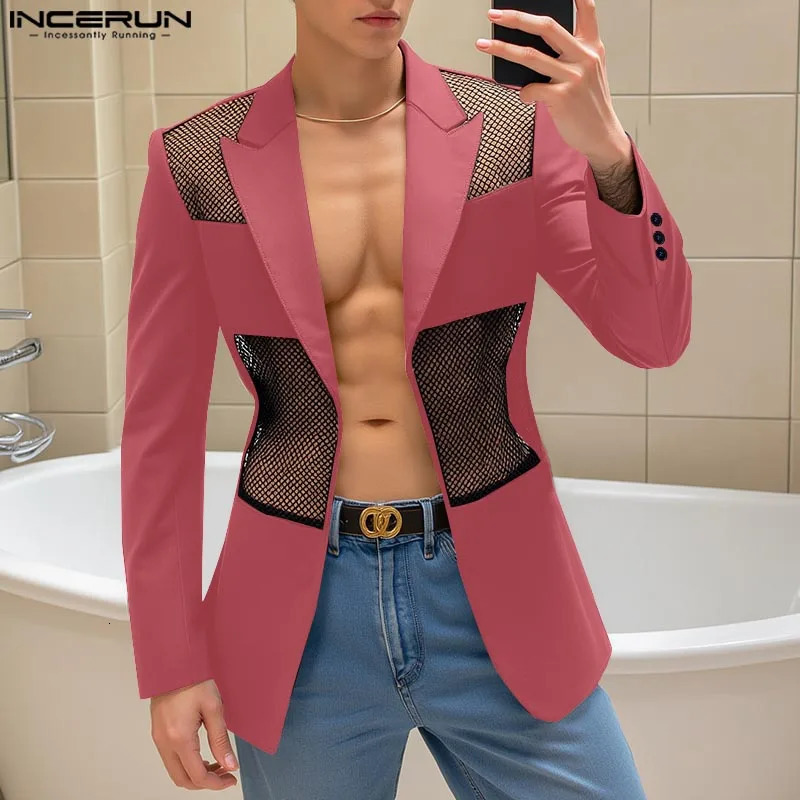 Fashion Sexy Style Tops INCERUN Handsome Men Mesh Hollow Splicing Suit Male Long Sleeved Cardigan Casual Blazers S5XL 250610