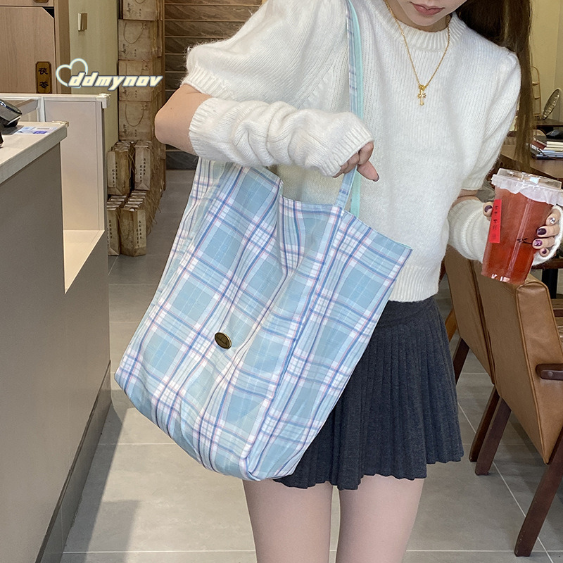 Fresh Mint Mambo Plaid Patchwork Single Shoulder Large Capacity Tote Simple Dual-use Double-sided Bag Spring Summer Thickened ddmynov