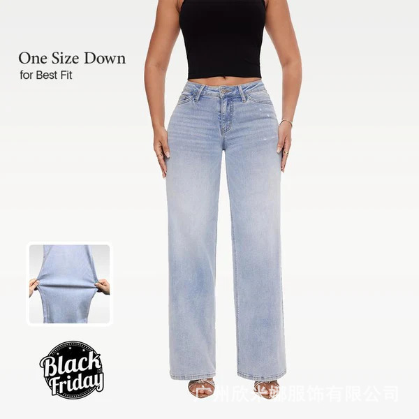 Women's Jeans 2025 Style Light Blue High-Waisted Straight-Leg Fashionable Micro-Stretch Denim Trousers Comfortable