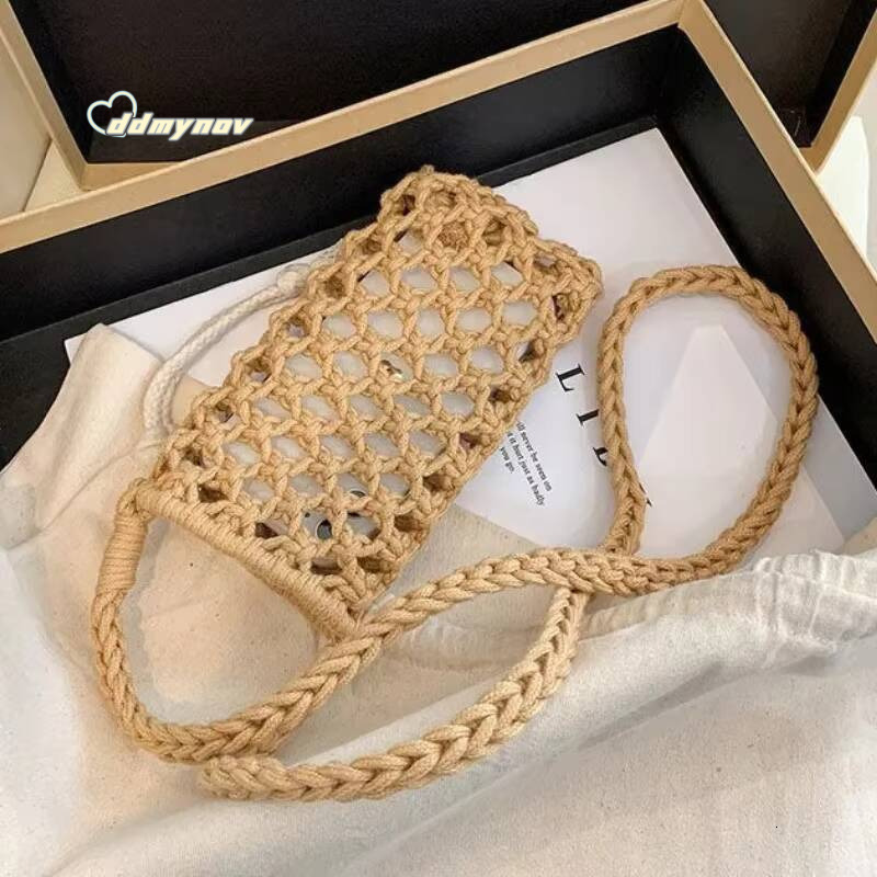 Women Fashion Small Phone Bag Solid Color Hollow-out Woven Crochet Lightweight Braided Shoulder Handbag Crossbody Bags ddmynov
