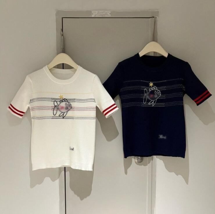 25NEL designer t shirt for women short sleeve stripes fish embroidery womens knit tshirt brand woman top tee