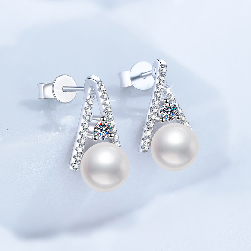 Cross-Border Moissanite Stud Earrings, S925 Sterling Silver Earrings, French Style Freshwater Pearl Studs, High-End Fashion Earrings, Wholesale