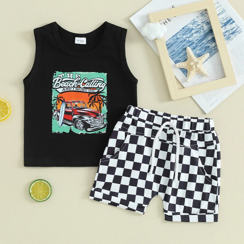 Lioraitiin Toddler Boys Summer Outfits Letter Car Print Sleeveless Tank Tops and Checkerboard Elastic Waist Shorts Clothes Set 250613