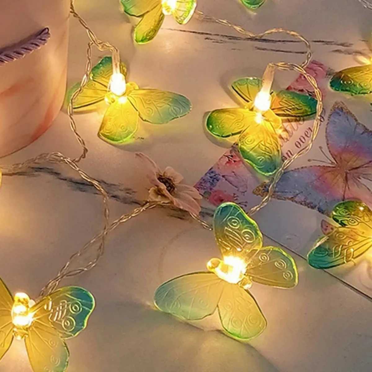 1pc 10/20LED Green Yellow Butterfly String Lights Hanging Fairy Atmosphere Lamp Battery Operated For Home Bedroom Festival Decor XJ250612