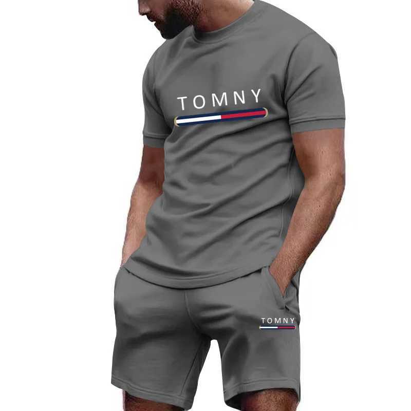 Outdoor Trendy Mens Suit Simple Letter Rose Patchwork Color Round Neck Short Sleeve Shorts Comfortable and breathable material W250613