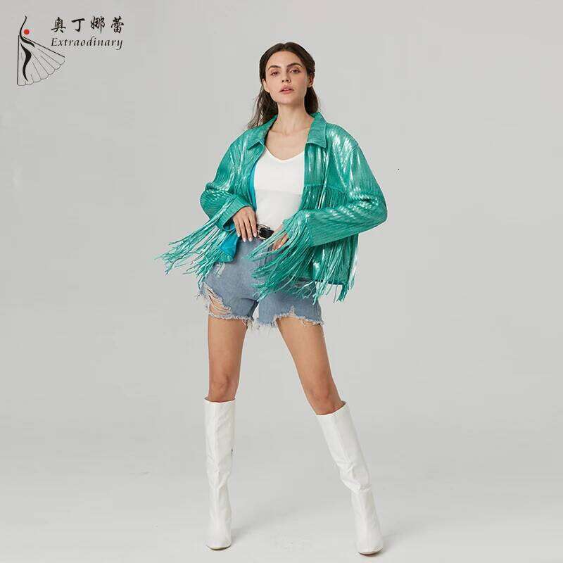 Fashion Mint green Fringe cool girl western cowboy matte Sequin Jacket