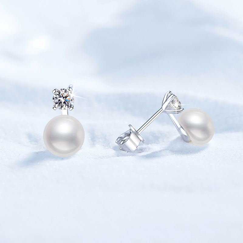 S925 Sterling Silver Stud Earrings, Korean Style Princess Design with Moissanite and Natural Pearl Drop Earrings, Women's Fashion Jewelry