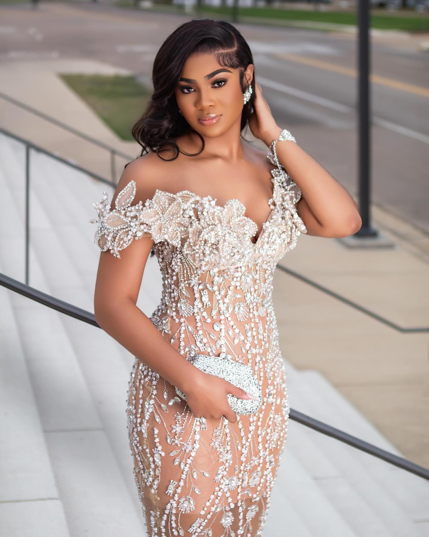 Champagne Mermaid Prom Dresses 2025 Flowers Crystals Illusion Lace Evening Formal Party Second Birthday Engagement Gowns Plus Size Dress For Special O