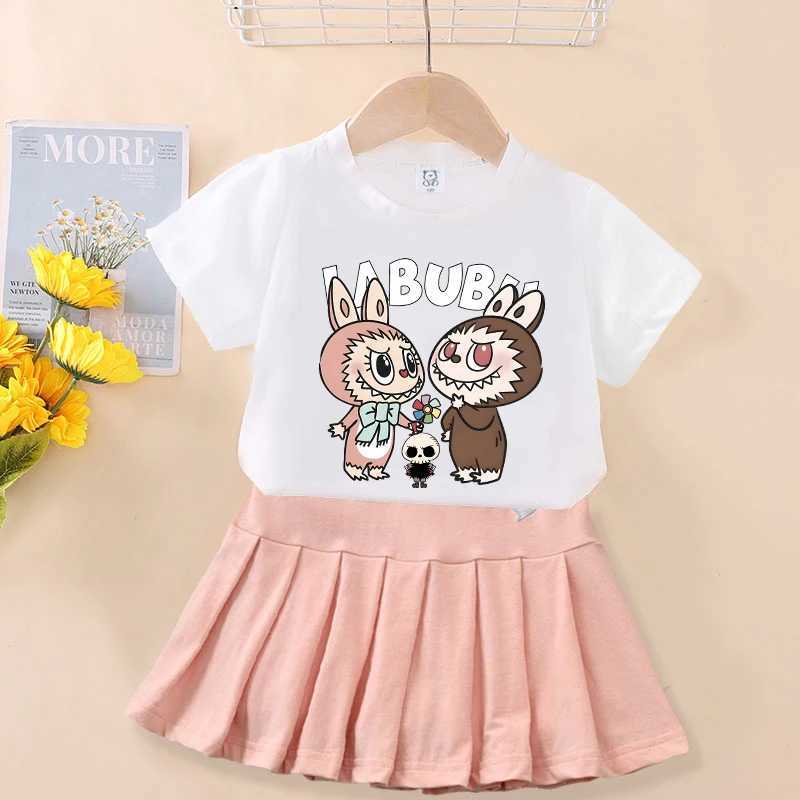 Cute Labubu Girl Skirts Tops 2pcs Kids Clothes Set Kaii Print Baby T Shirt Pleated Skirt Suit Toddler Tee Short Dress Outfit Z250613
