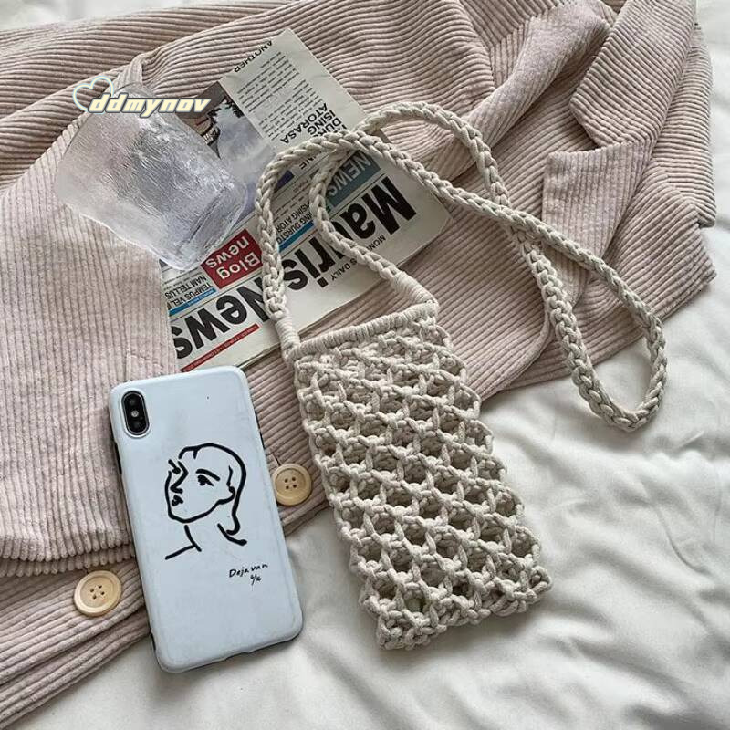 Women Fashion Small Phone Bag Solid Color Hollow-out Woven Crochet Lightweight Braided Shoulder Handbag Crossbody Bags ddmynov