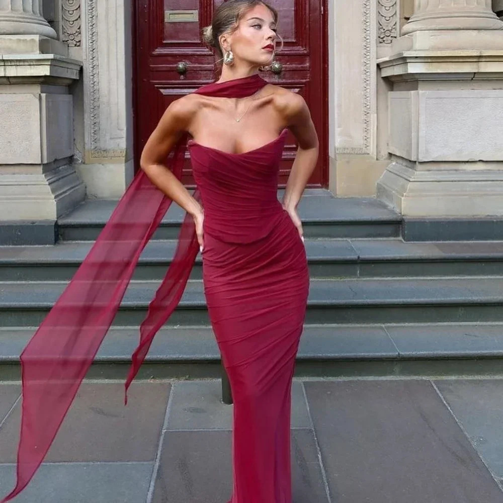 Suninheart Elegant Women 2 Piece Dress Set Strapless Bodycon Crop Top and Maxi Skirt Formal Wedding Guest Party Dress 250610