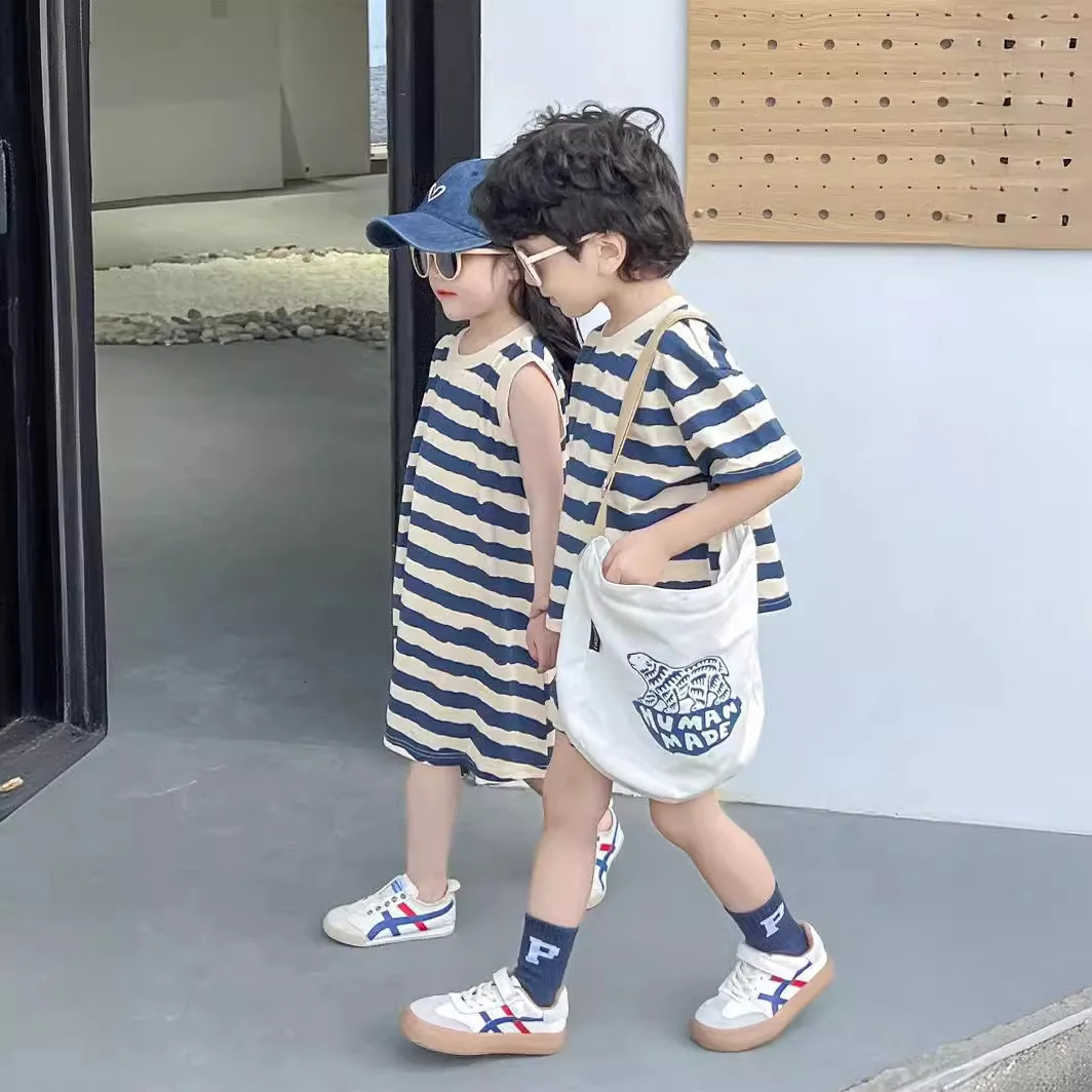 1pcs Summer Chldren Boy Stripe Short Sleeve TopsShorts Set Girl Sleeveless Vest Skirt Kids Toddler Fashion Leisure Clothes Set 250613