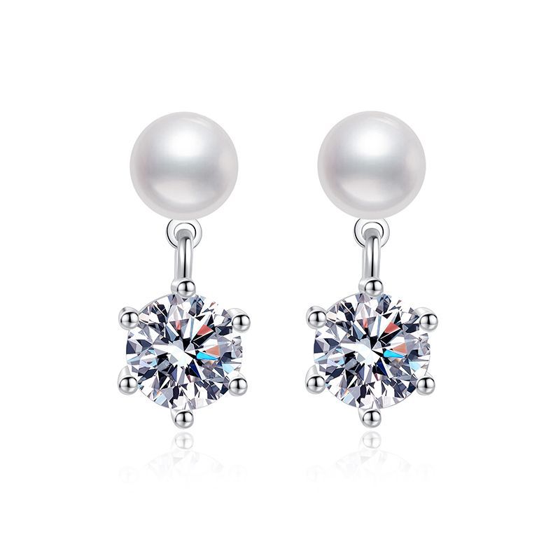 S925 Sterling Silver Stud Earrings with Natural Freshwater Pearls and 1-Carat Moissanite, Classic Six-Claw Design, High-End Women's Earrings, Who
