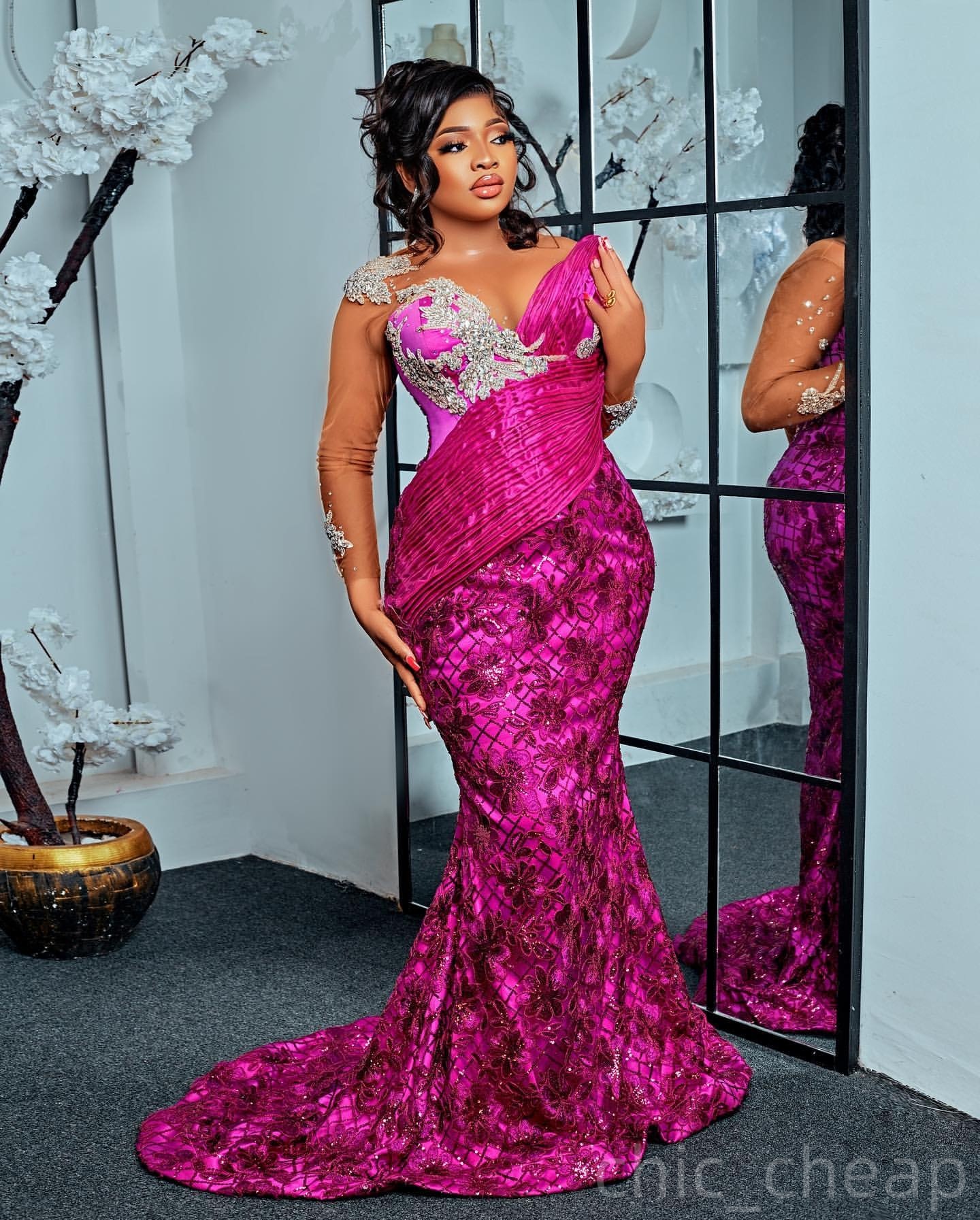 Fuchsia Mermaid Prom Dresses 2025 Crystals Lace Vintage Evening Formal Party Second Birthday Engagement Gowns Plus Size Dress For Special Occasions