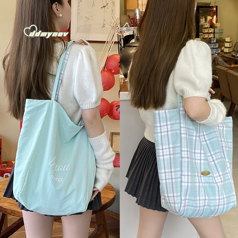 Fresh Mint Mambo Plaid Patchwork Single Shoulder Large Capacity Tote Simple Dual-use Double-sided Bag Spring Summer Thickened ddmynov