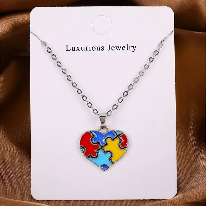 50cm Stainless Steel Chain Necklace Autism Awareness Puzzle Pendant Necklaces For Women Gilrs Fashion Jewelry 250610