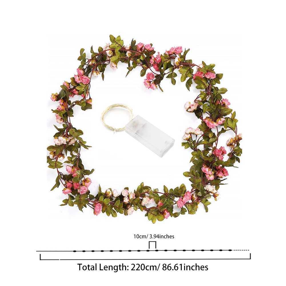 1pc Artificial Rose Garland String Light 2M/ 20 LED Silk Flowers Rose Vine Fairy Light String Battery Powered DIY Hanging Lamp XJ250612