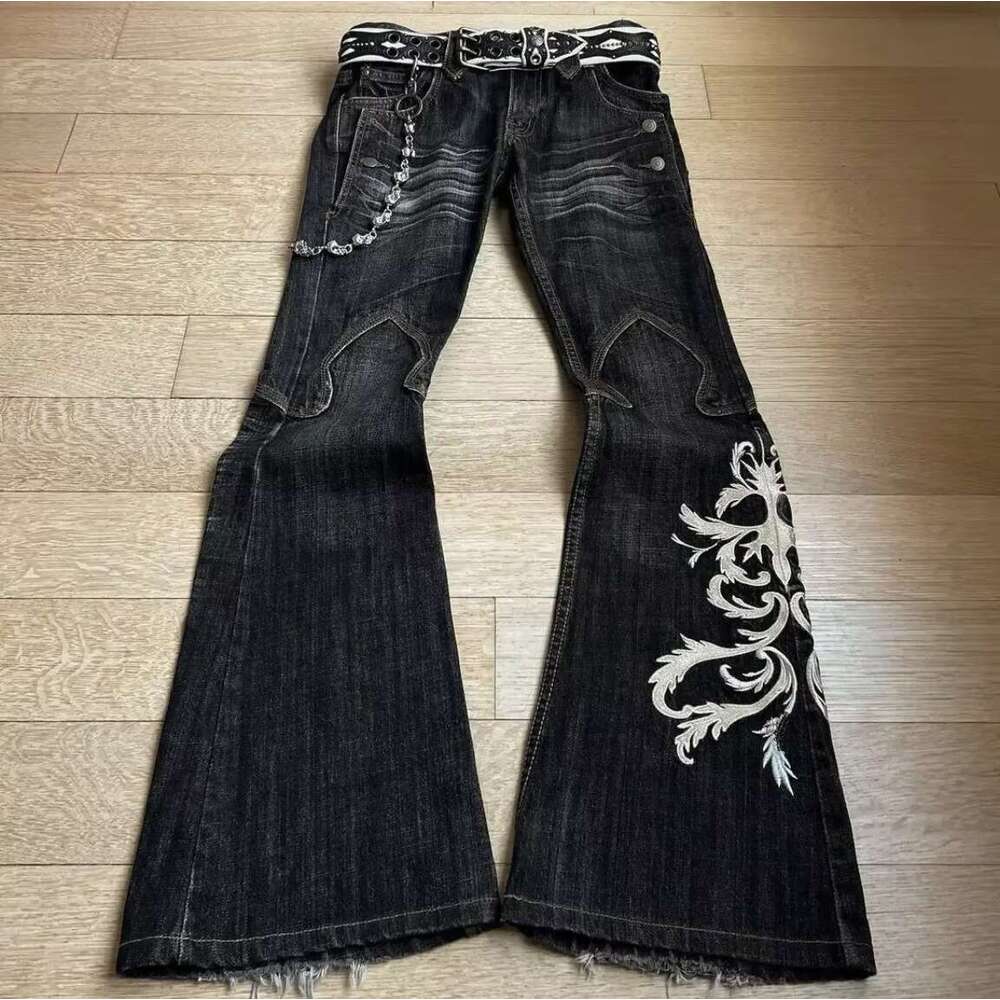 American Style Embroidered Heavy Craft Punk Washed Black Straight Leg Flare Jeans For Women And Men B5