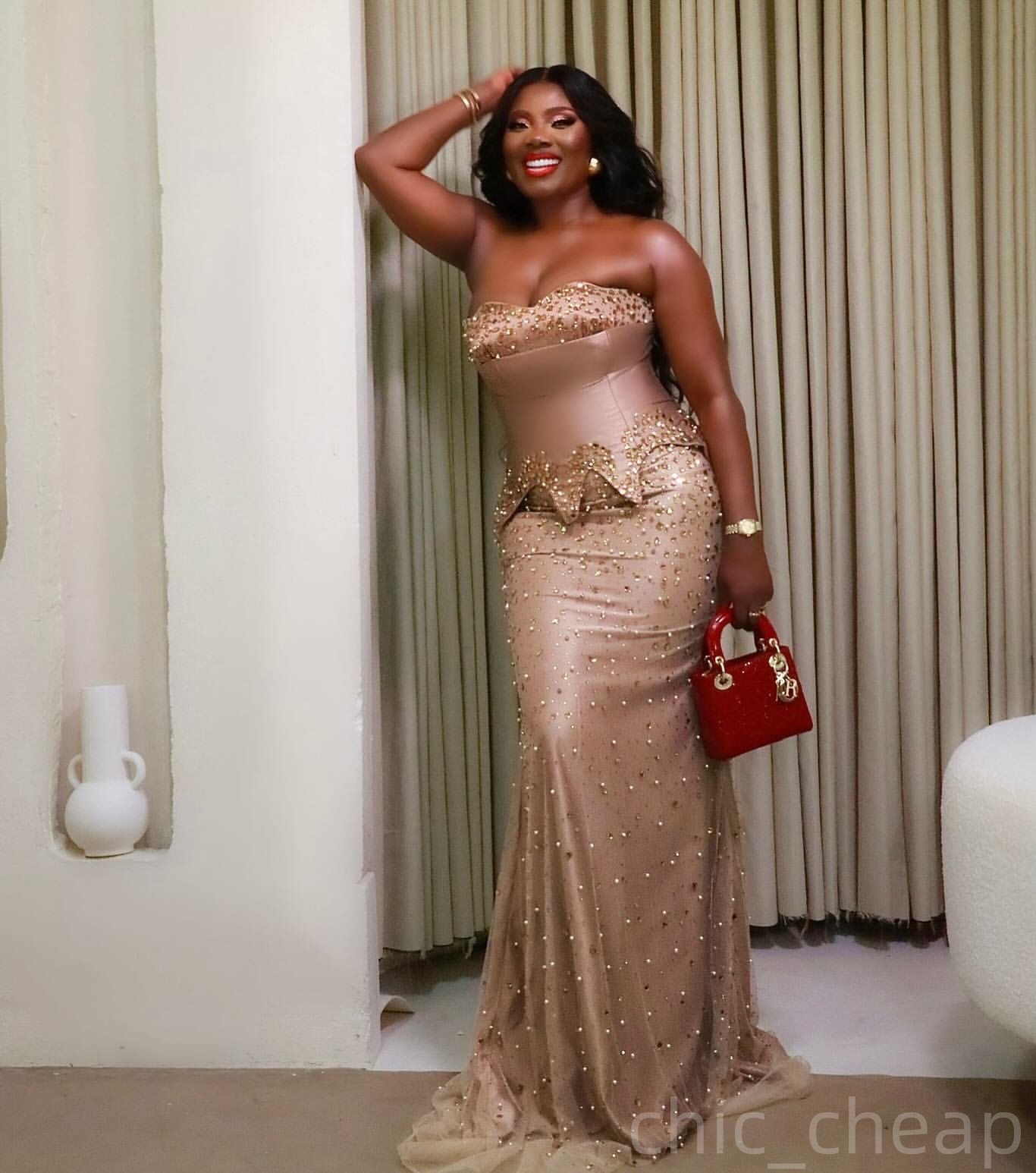 Champagne Mermaid Prom Dresses 2025 Crystals Beaded Luxurious Evening Formal Party Second Birthday Engagement Gowns Plus Size Dress For Special Occasi